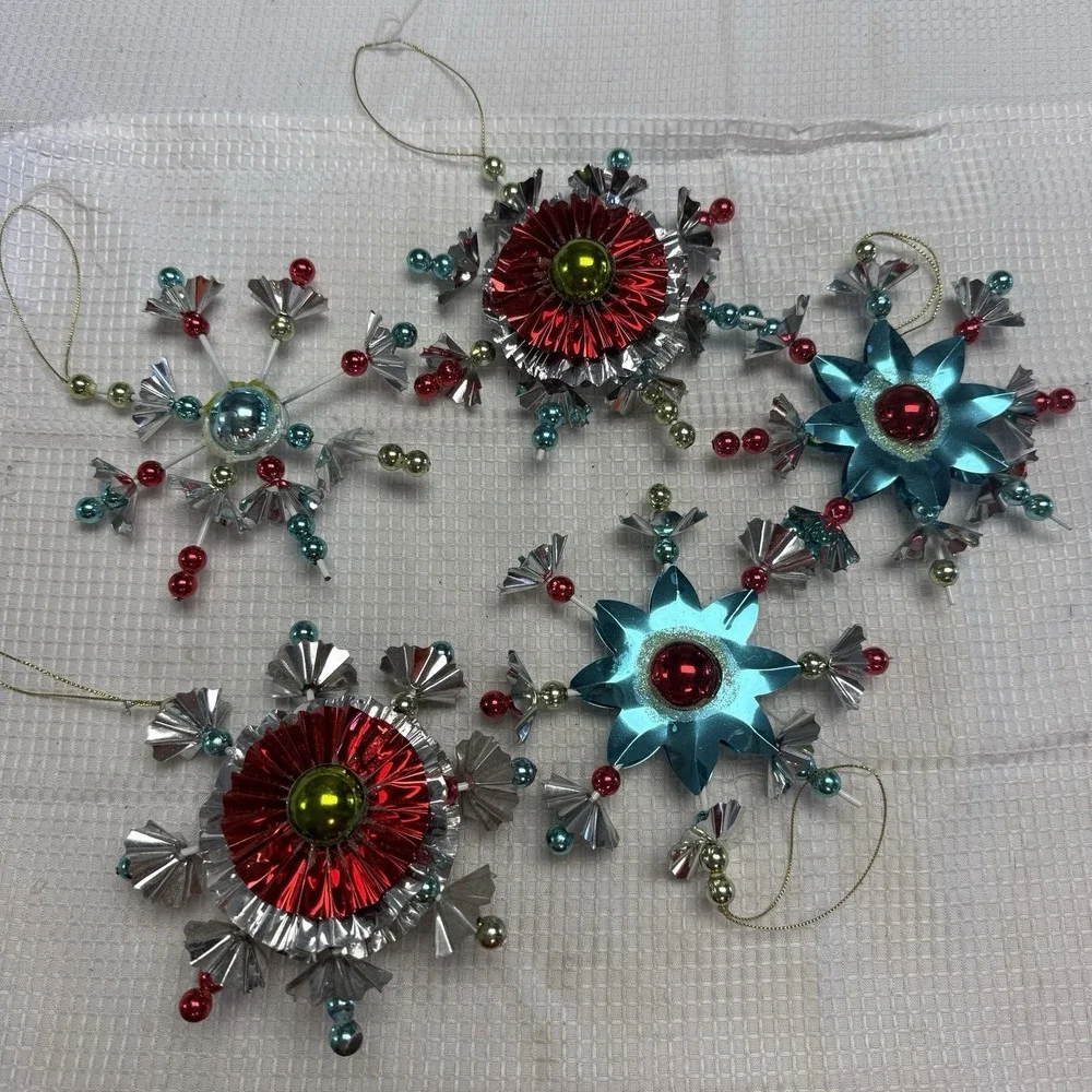 5 MCM Atomic Starburst Christmas Ornaments Mercury Beads Aluminum Turquoise